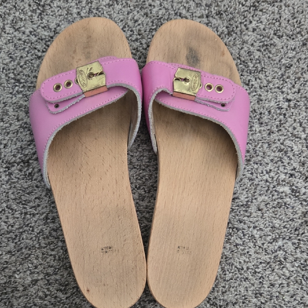 Dr. Scholl's Pink Leather Mules with Gold Buckle